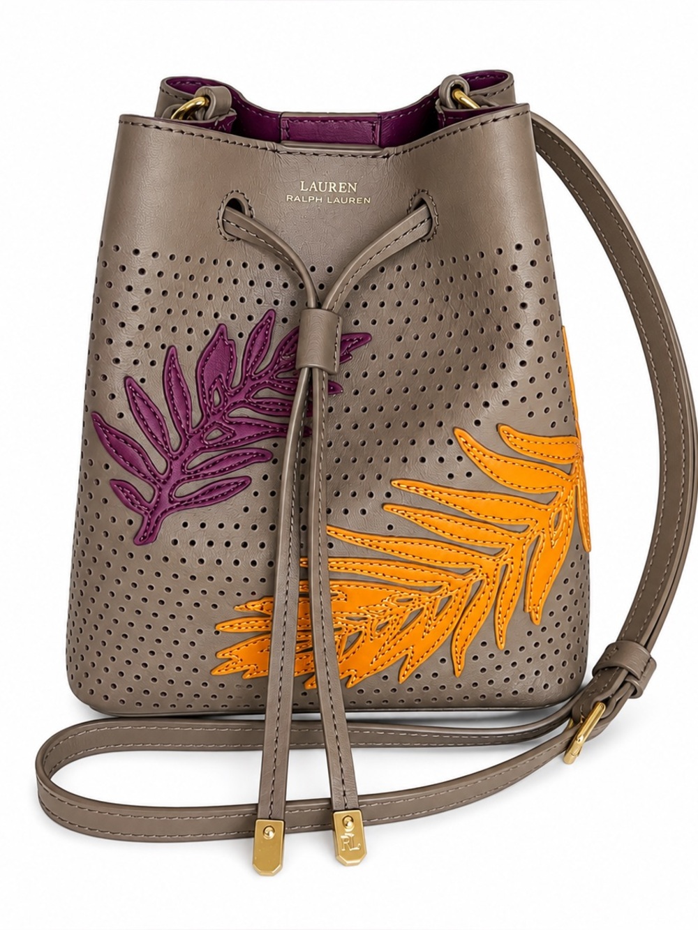 Lauren Ralph Lauren Debby II Drawstring Bucket Bag Leather Palm Leaf Taupe